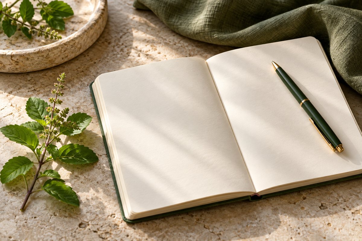 Illustrative consultation preparation with a notebook, green pen and tulsi leaves