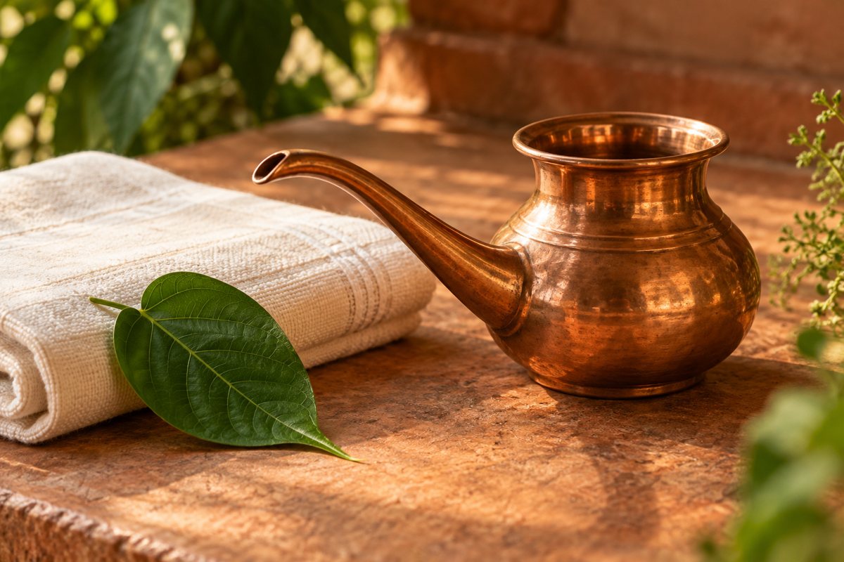 Illustrative copper oil vessel, cotton towel and green leaf