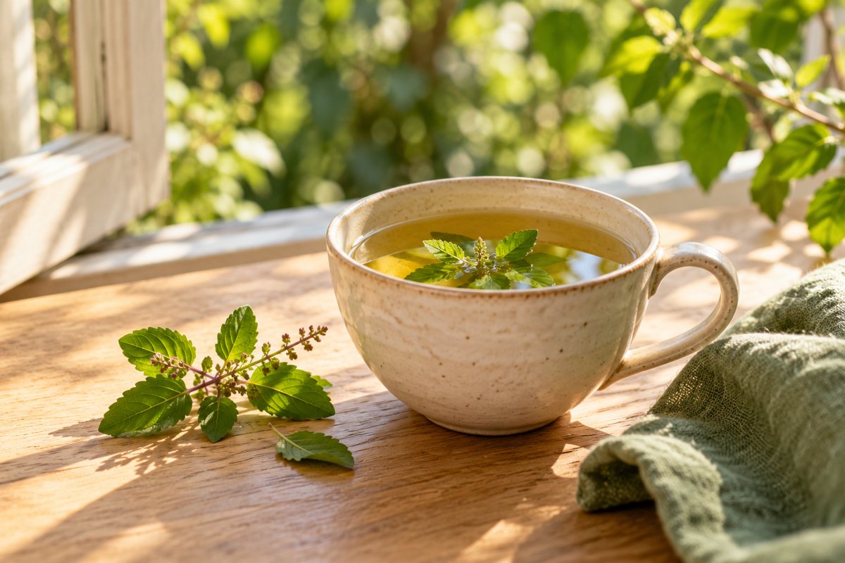 Illustrative morning herbal tea beside a sunlit garden window